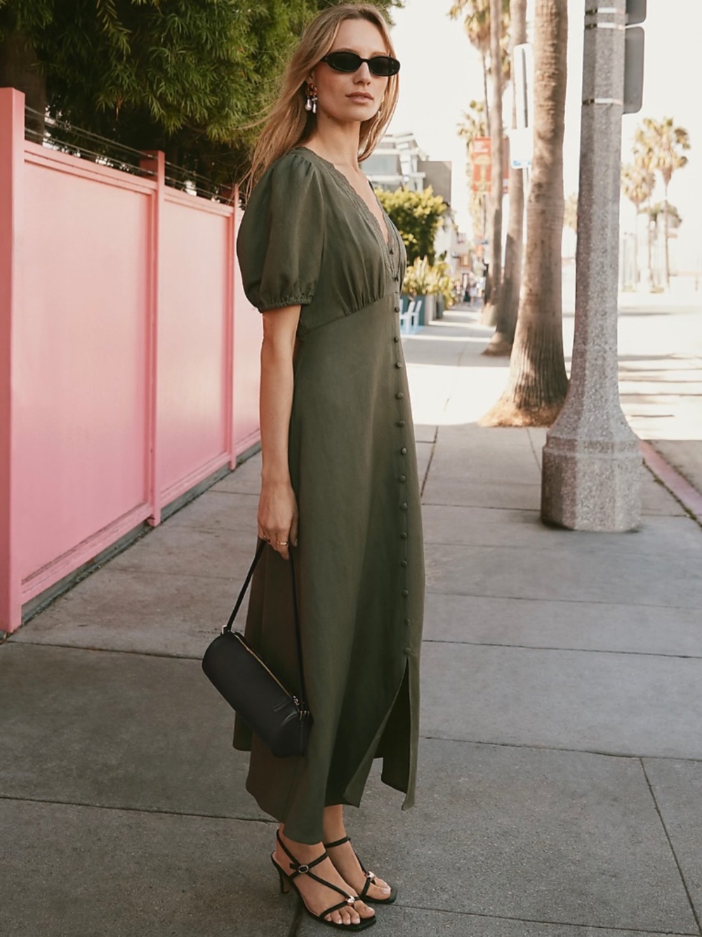 Olive Green V-Neck Lace-Trimmed Midi Dress - Size 6